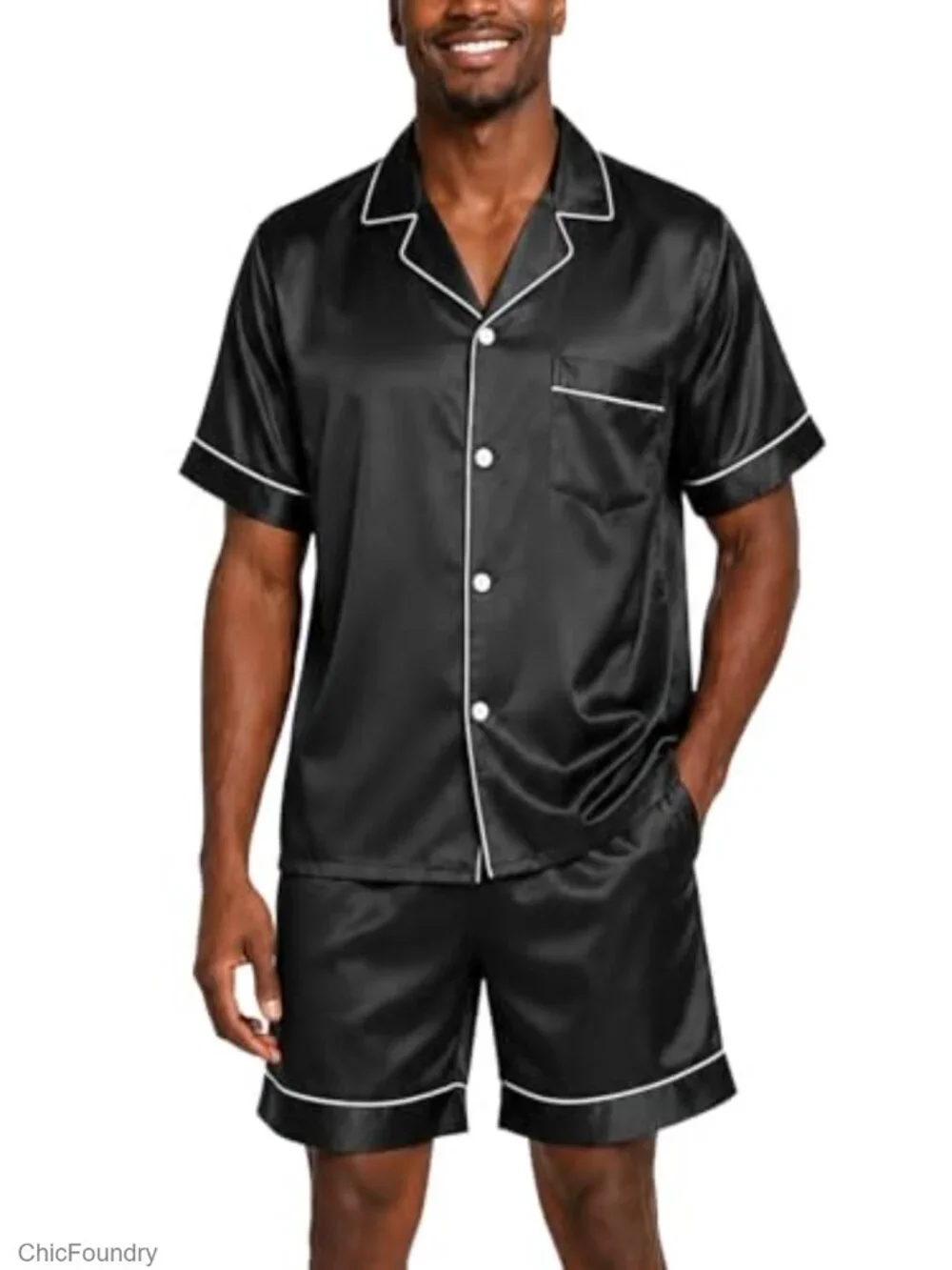 Men's Silky Satin Pajama Set 2 Piece Short Sleeve Notch Collar with Pockets